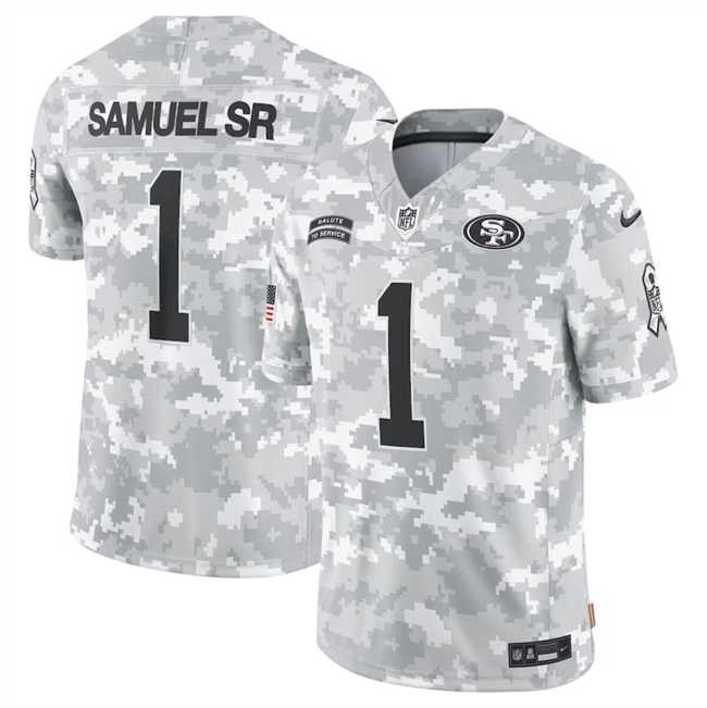 Mens San Francisco 49ers #1 Deebo Samuel Sr 2024 Arctic Camo Salute To Service Limited Stitched Jersey Dyin